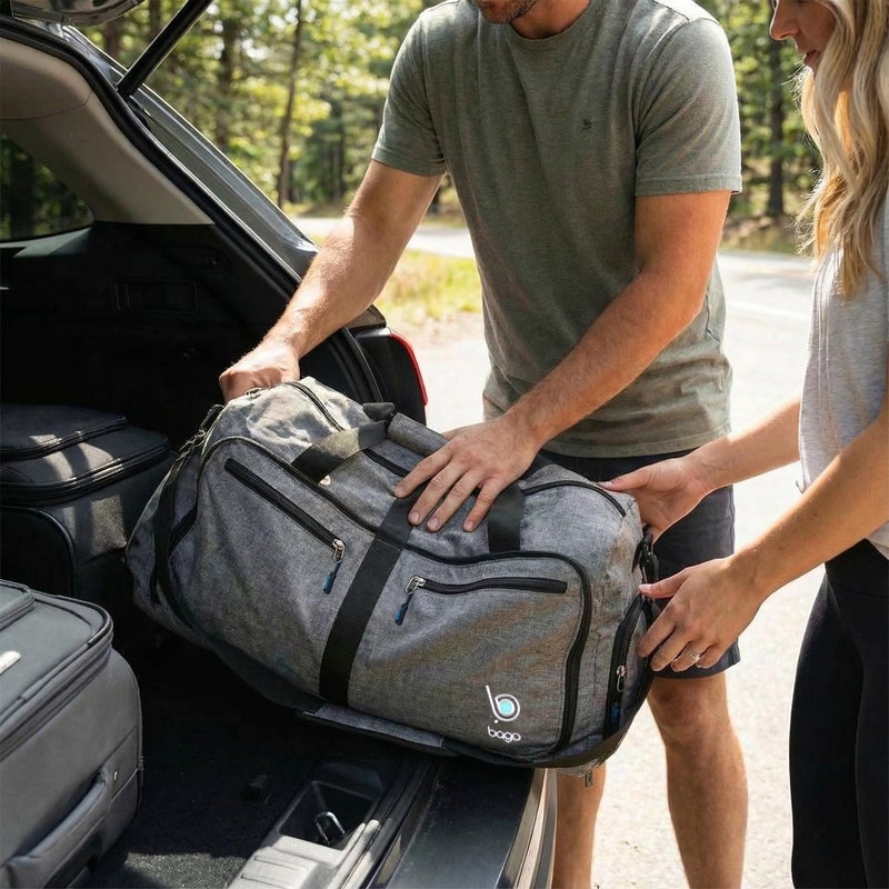 Bago Large Foldable Duffel Bags for Traveling Women & Men - 80L Packable Duffle Bag for Travel with Shoe Compartment - Water Repellant, Heavy Duty, Lightweight Folding & Collapsible (SnowGray) - Image 4